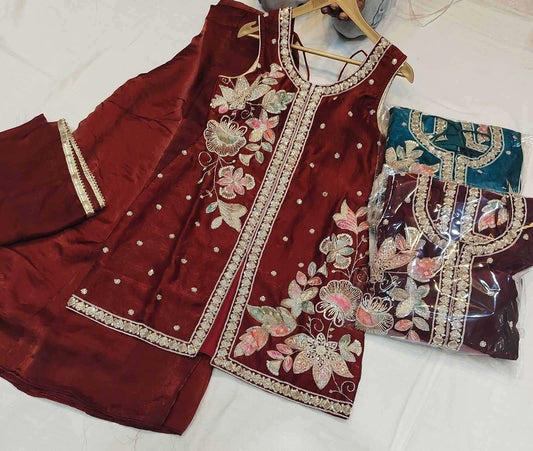 Manyata women Silk Embroidery Suit Plazzo Dupatta Set Embroidered Kurta